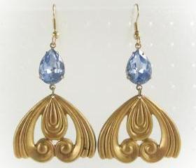 Brass Art Nouveau Swirl Pendant Earrings with a Vintage Sapphire Glass Stone Gem, Dangle Earrings, Statement, Bridesmaid, Wedding Jewelry