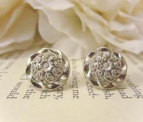 Vintage Button Earrings, Silver Flower earrings, Silver Studs, floral earrings, bridesmaid earrings, free shipping, Spring Wedding