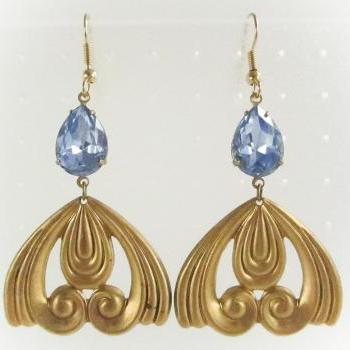 Brass Art Nouveau Swirl Pendant Earrings with a Vintage Sapphire Glass Stone Gem, Dangle Earrings, Statement, Bridesmaid, Wedding Jewelry