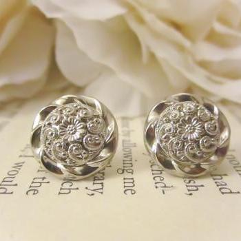 Vintage Button Earrings, Silver Flower earrings, Silver Studs, floral earrings, bridesmaid earrings, free shipping, Spring Wedding