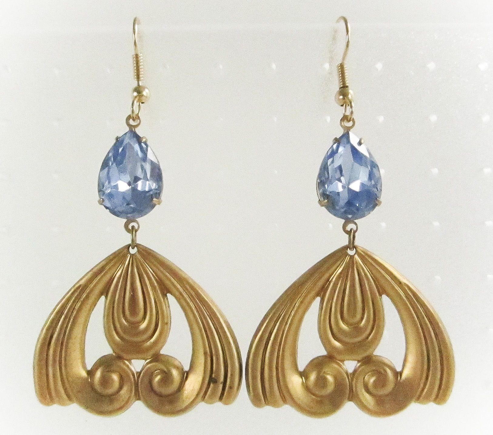 Brass Art Nouveau Swirl Pendant Earrings With A Vintage Sapphire Glass Stone Gem, Dangle
